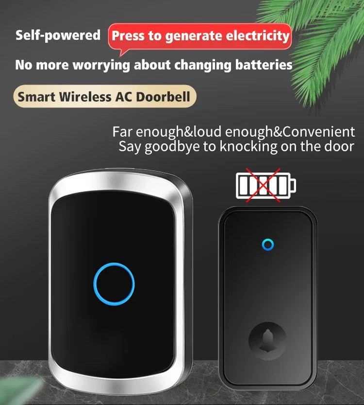 Self-Powered Wireless Doorbell – Waterproof Design, No Battery Needed, 150M Range, Smart Home Compatible