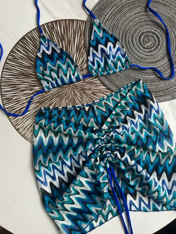 Women Swimsuit Colored Maple Leaves Knitted Bikini Skirt Three-Piece Set Split Swimsuit Bikini