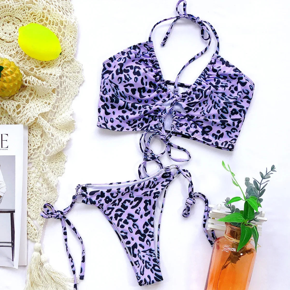 5 Colors Sexy Bikini Swimwear Swimsuit Women Leopard Push Up Drawstring Bikinis Set Bathing Suit Beach Bikini Female Banadores