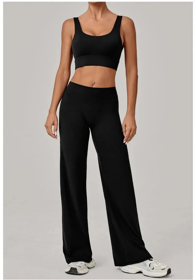 New Women Yoga Set Double Strap Bra Straight Leg Pants Quick Dry Gym Fitness Workout Clothes Outdoor Running Sports Set
