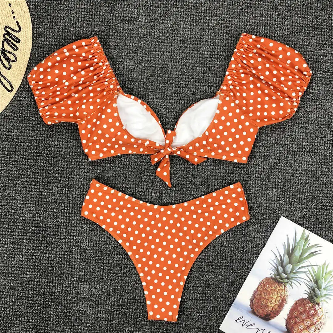 NEW Sexy Polka Dots V Neck Mid Waist Bikini Female Swimsuit Women Swimwear Two-pieces Bikini set Bather Bathing Suit Swim V1909