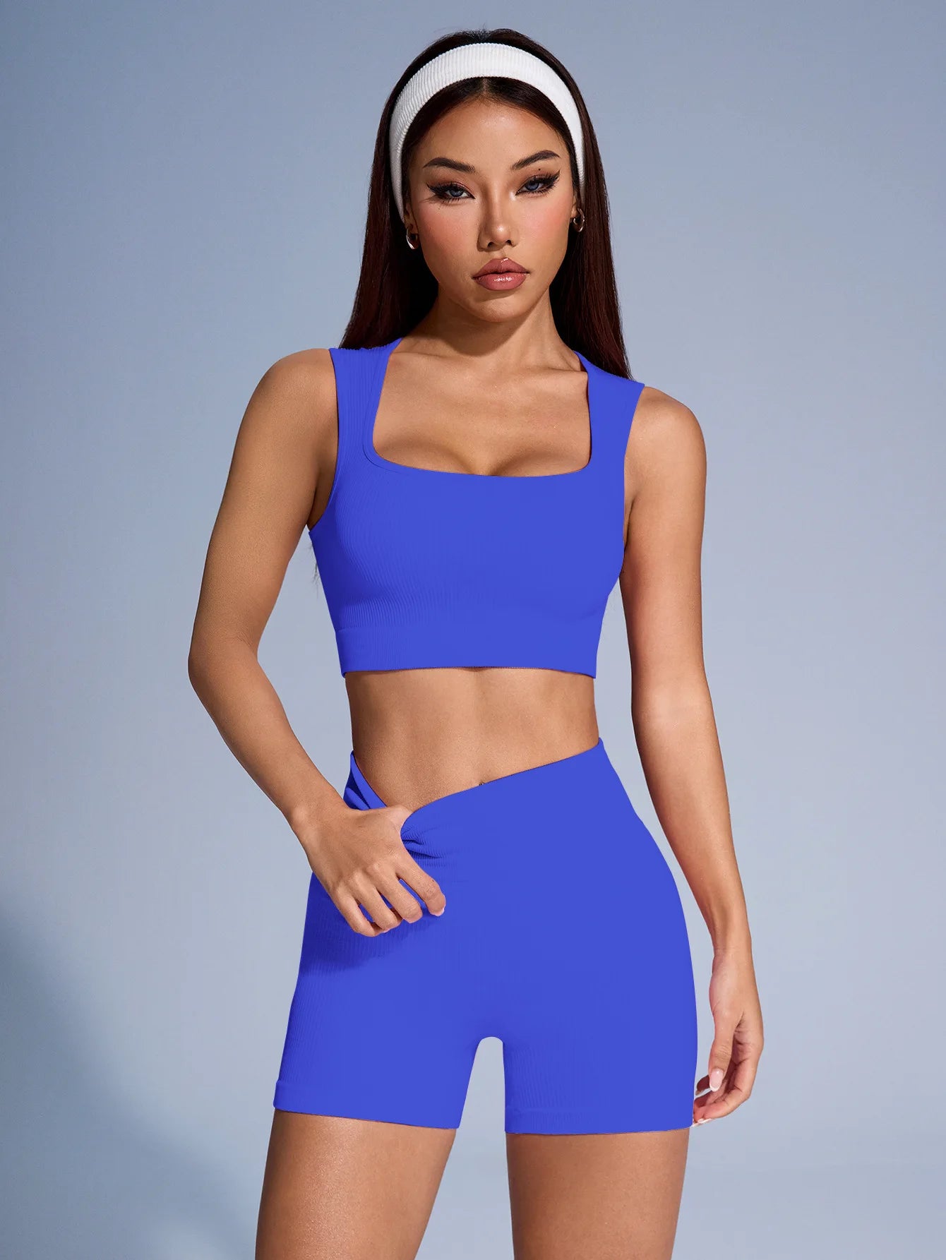 Seamless Ribbed Yoga Sets Workout Sets for Women 2 Pieces Gym Suits Ribbed Crop Tank High Waist Shorts Outfits Fitness