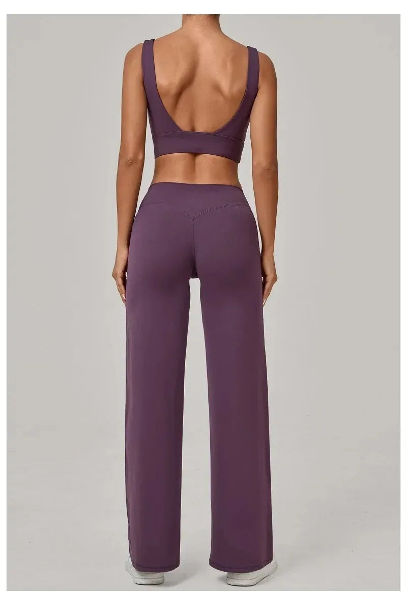 New Women Yoga Set Double Strap Bra Straight Leg Pants Quick Dry Gym Fitness Workout Clothes Outdoor Running Sports Set