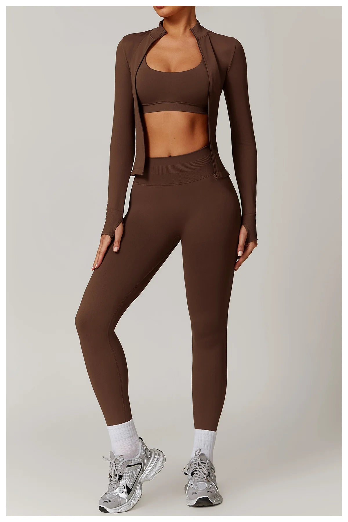 Women's Yoga Set 2025 New Solid Color High Waist Hip Lifting Pants Sports Zipper Long Sleeve Coat Top Jacket Yoga Clothing
