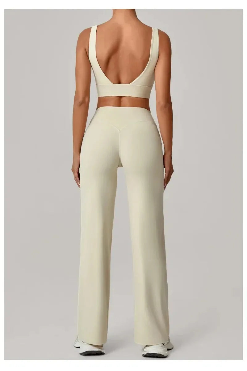 New Women Yoga Set Double Strap Bra Straight Leg Pants Quick Dry Gym Fitness Workout Clothes Outdoor Running Sports Set