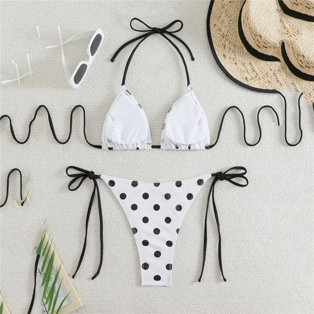 Polka Dot Print Sexy Swimsuit Halter String Thong Micro Bikini 2026 Women Lace-up Swimwear Triangle Bikinis Sets Swimming Suit