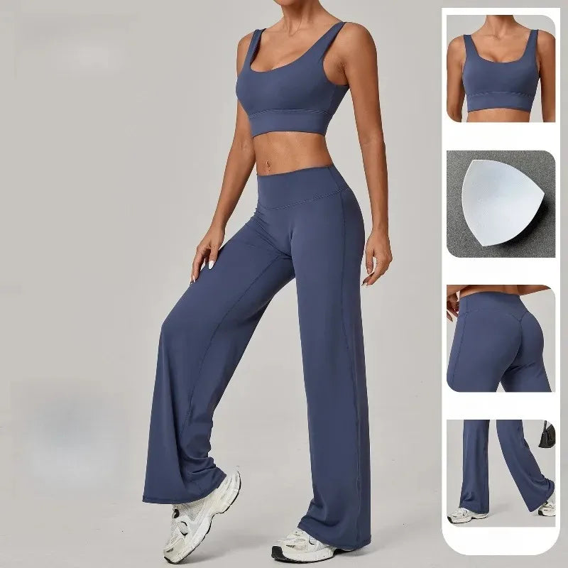 New Women Yoga Set Double Strap Bra Straight Leg Pants Quick Dry Gym Fitness Workout Clothes Outdoor Running Sports Set