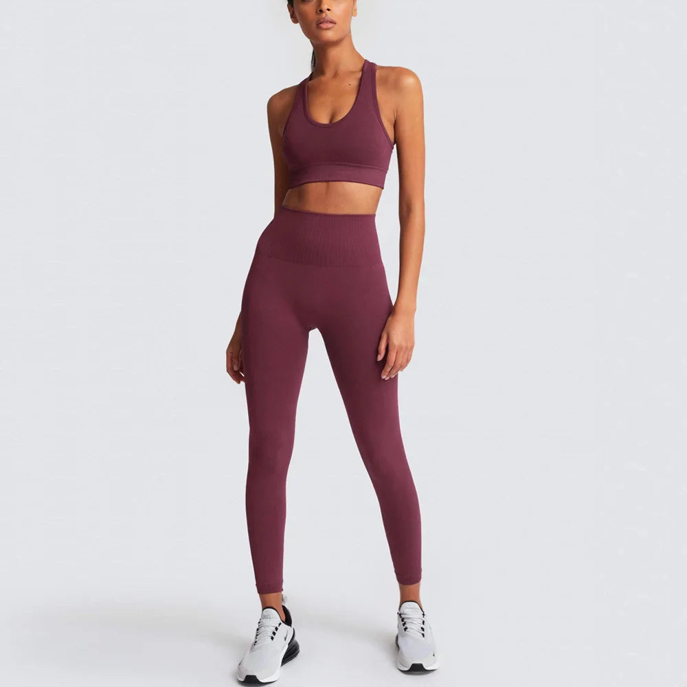 Women's Seamless Yoga Set Fitness Crop Top & Tummy Control High Waist Leggings with Built-in Bra Workout