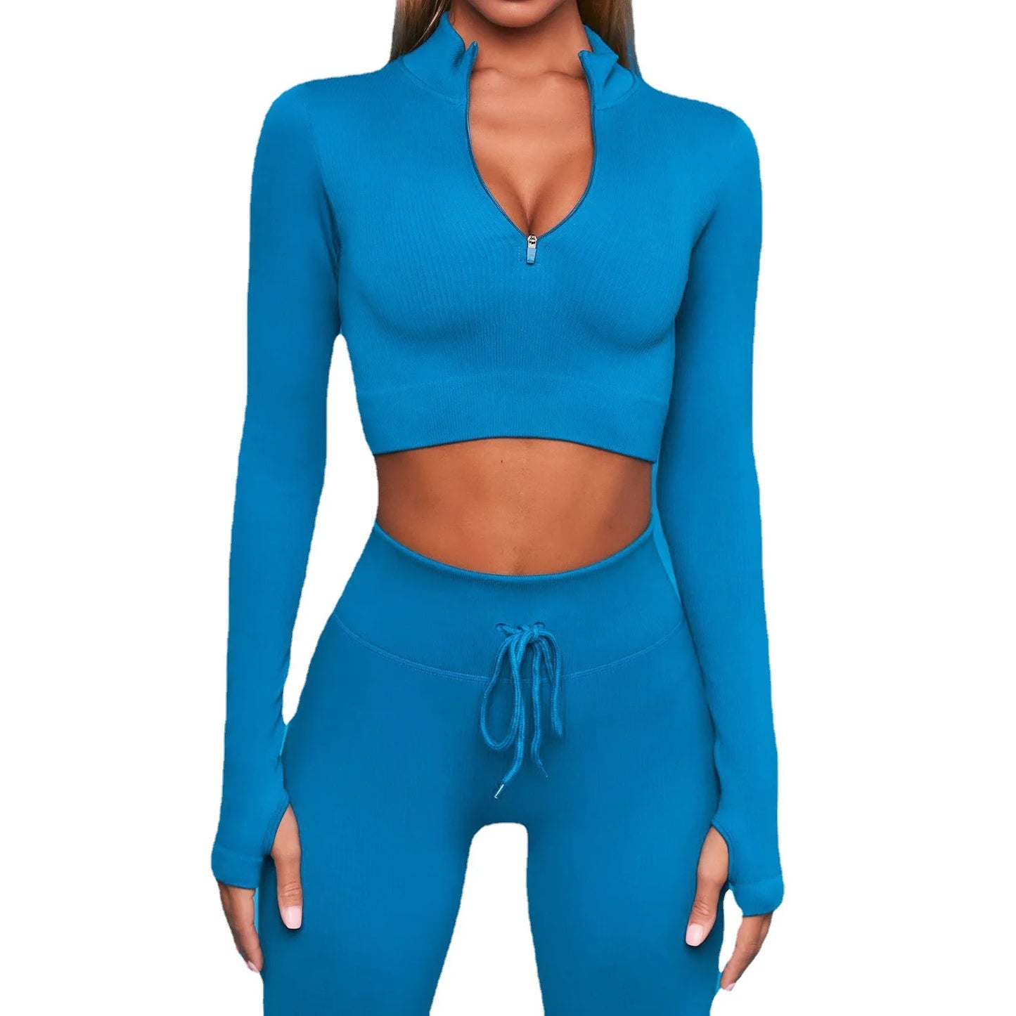 Women's Seamless Ribbed Yoga Set - Chest Zipper Long Sleeve Drawstring Pants Running Fitness Outfit
