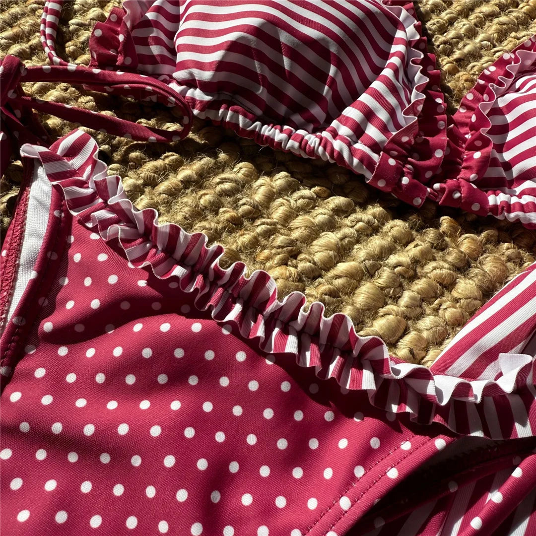 New Striped Polka Dot Halter Shorts Bikini Female Swimsuit Women Swimwear Three-pieces Bikini set Bather Bathing Suit Swim V6384
