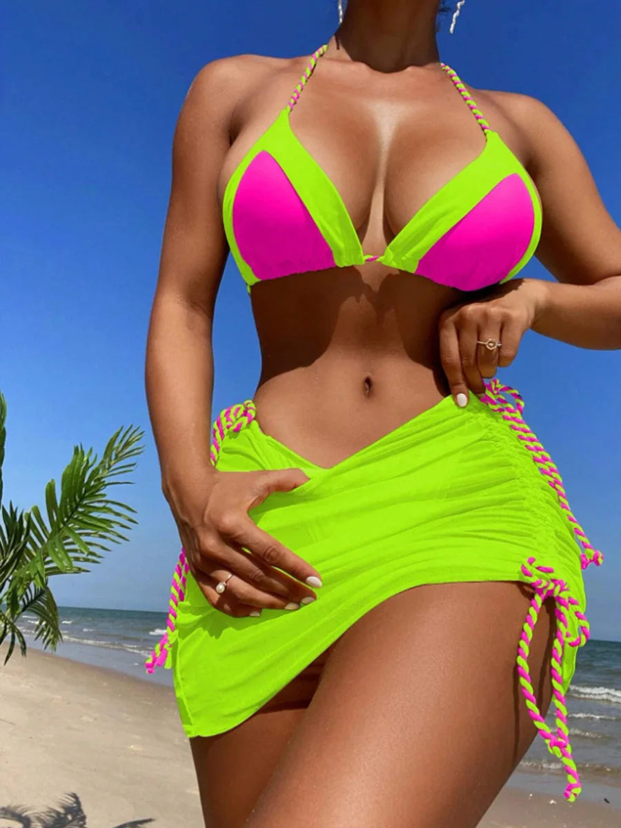 2026 Halter String 3 Piece Bikini Drawstring Skirt Swimsuit Women Swimwear Female Bather Bathing Swimming Swim Suit Beachwear