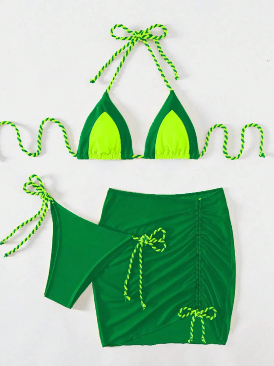 2026 Halter String 3 Piece Bikini Drawstring Skirt Swimsuit Women Swimwear Female Bather Bathing Swimming Swim Suit Beachwear